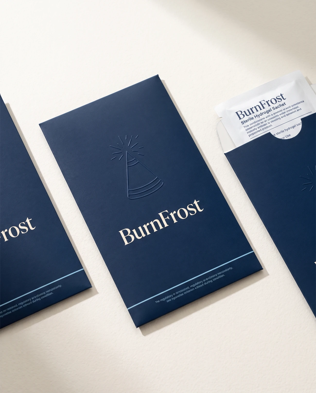 BurnFrost institutional set — silver sachet with navy card folios